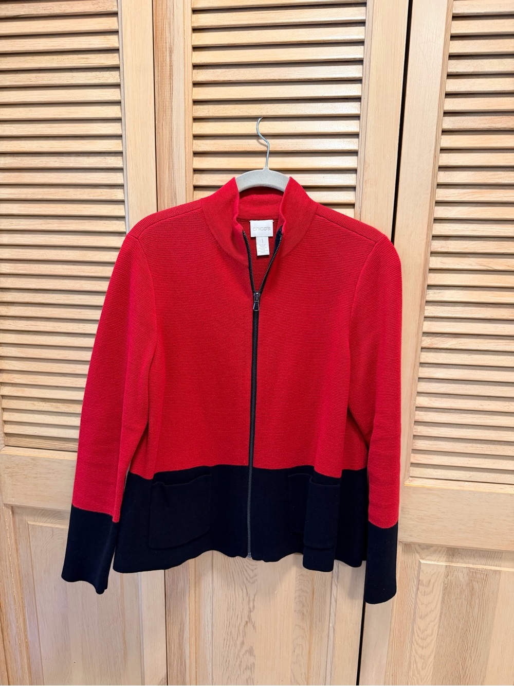 Chico’s Women’s Red & Black Zip-Front Jacket - Casual Lightweight Sweater